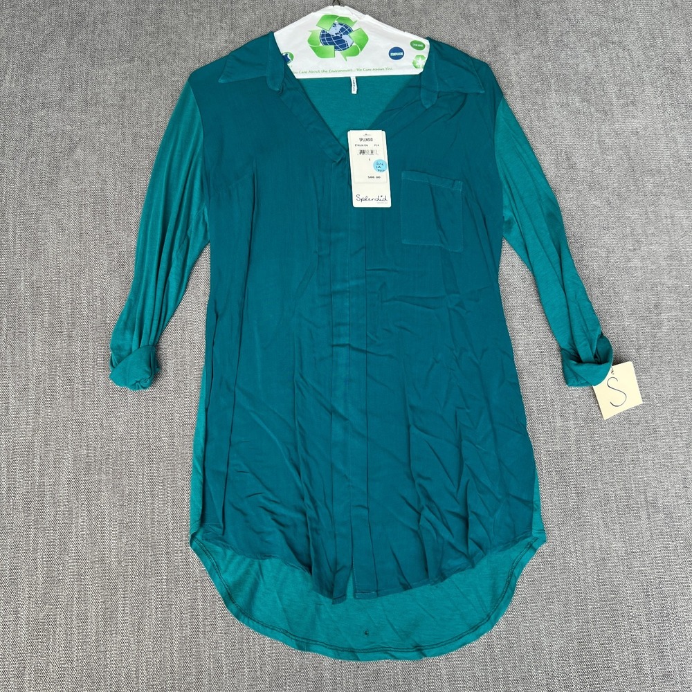 Splendid Tunic Shirt Womens Small Teal Green Collared Boho Chic High Low Hem
